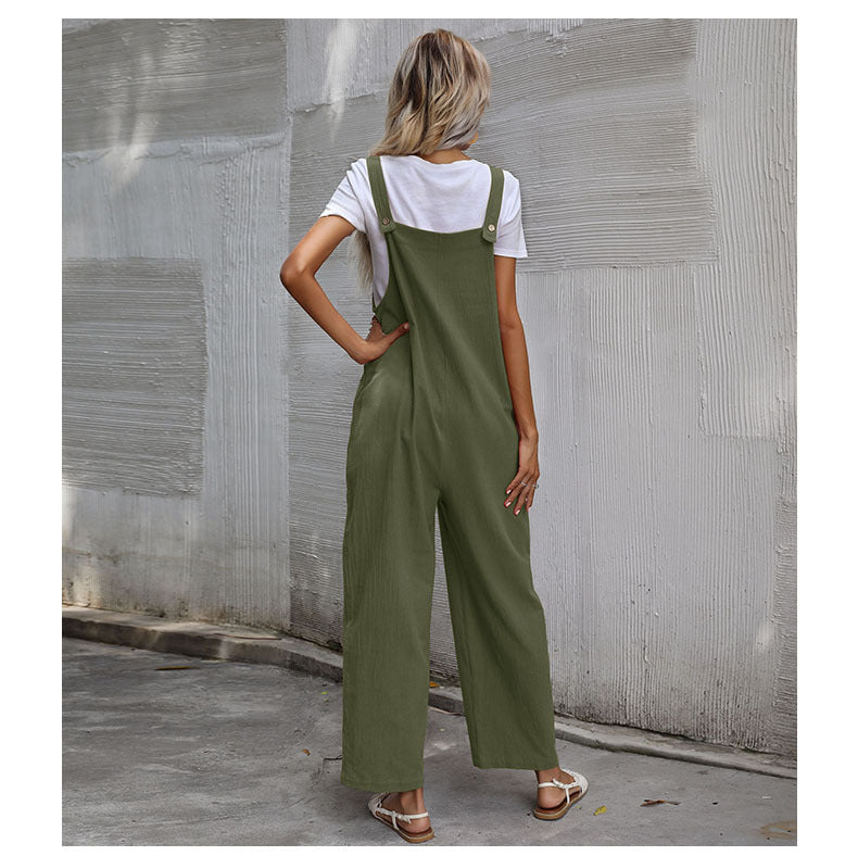 Casual Cotton and Linen Pocket Solid Color Sleeveless Jumpsuit