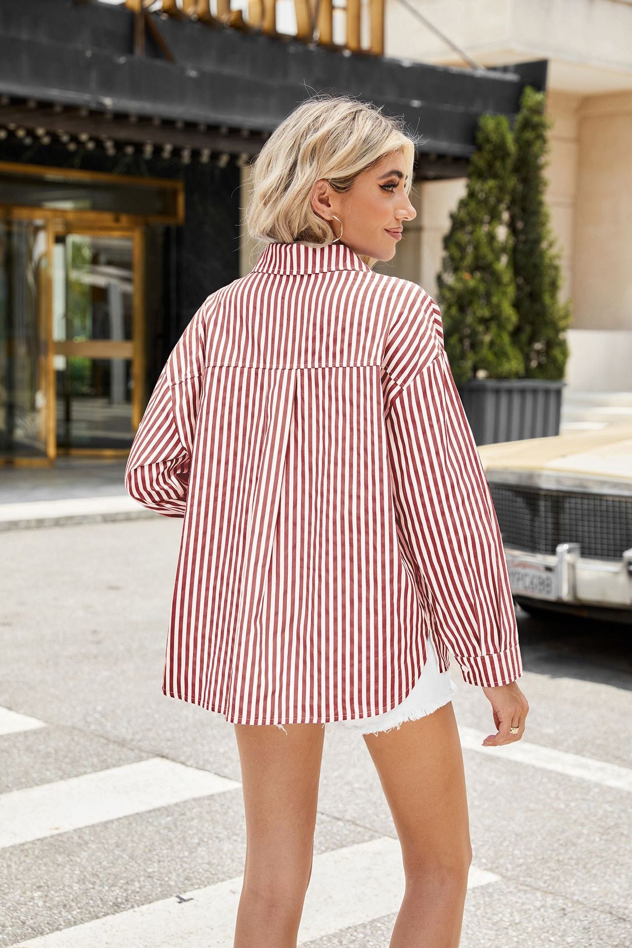 Women Striped Long Sleeve Button Down V Neck