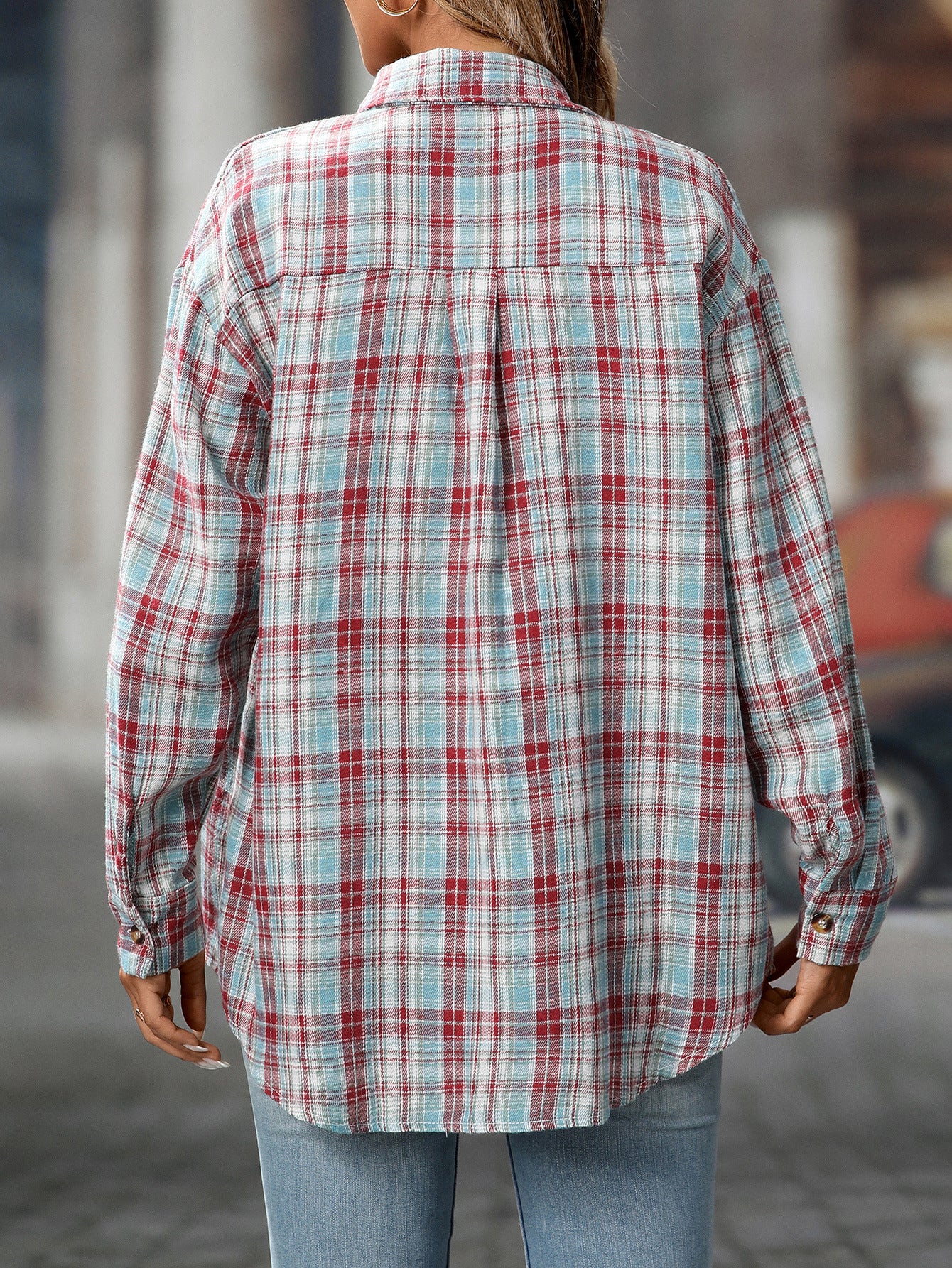 Casual Fashion Loose Plaid Pocket Shirt Women