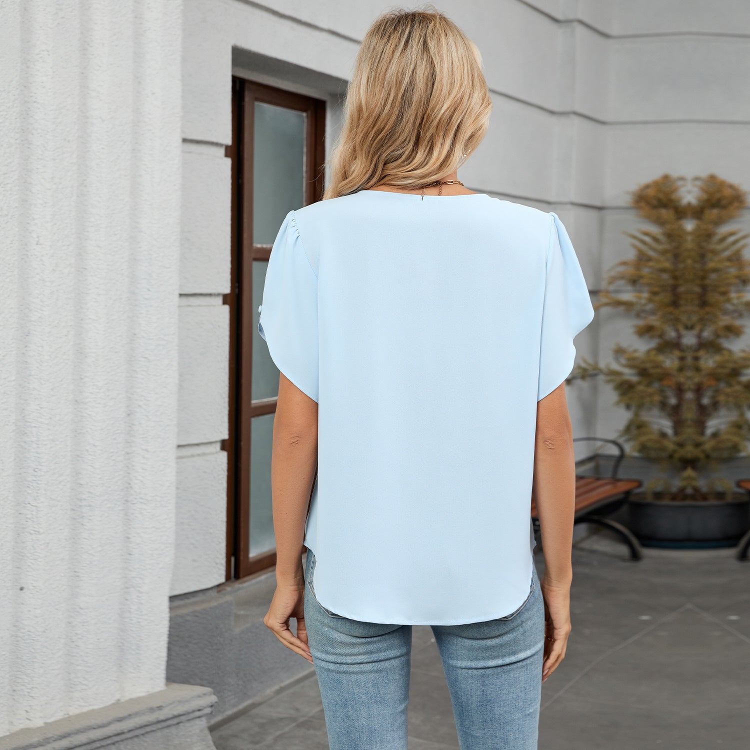 Women Crew Neck Short Sleeve Pleated Loose Chiffon Top