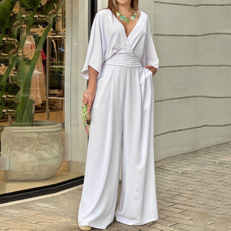 Women's Casual V-Neck Slim-Fit Solid Color Wide Leg Jumpsuit