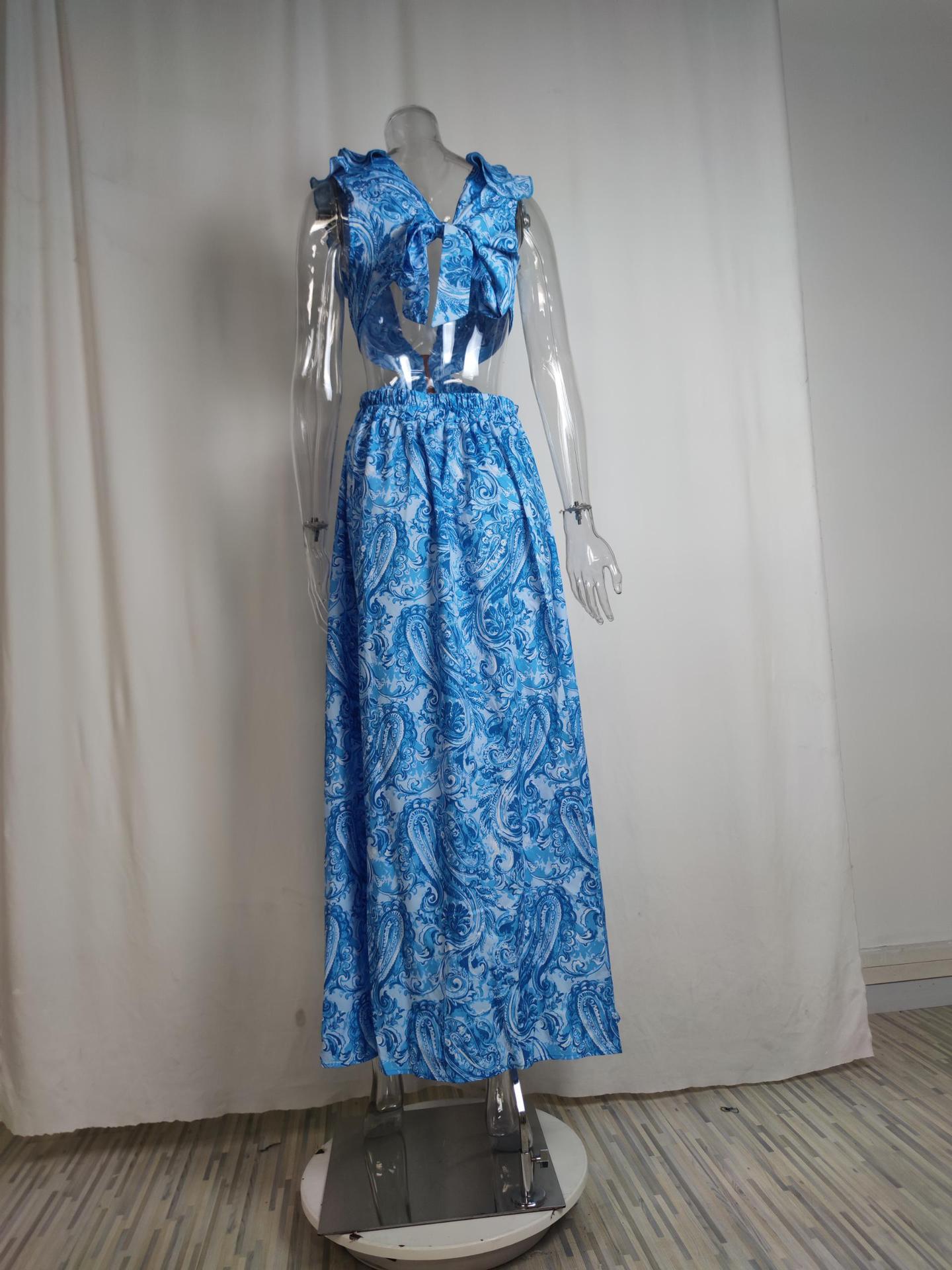 Sexy Deep V-neck Waist Print Dress Long Dress