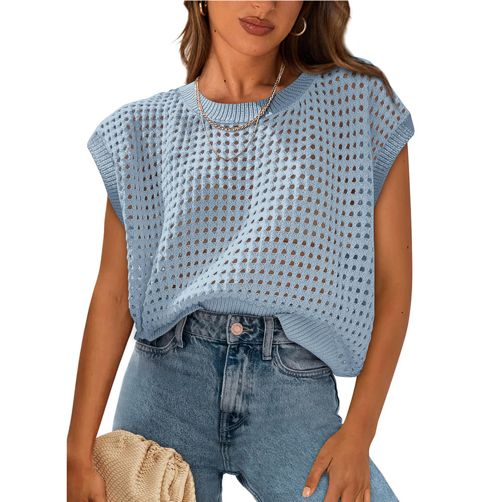 Women's Crew Neck Hollow-Out Sunscreen Knitted Sweater Blouse