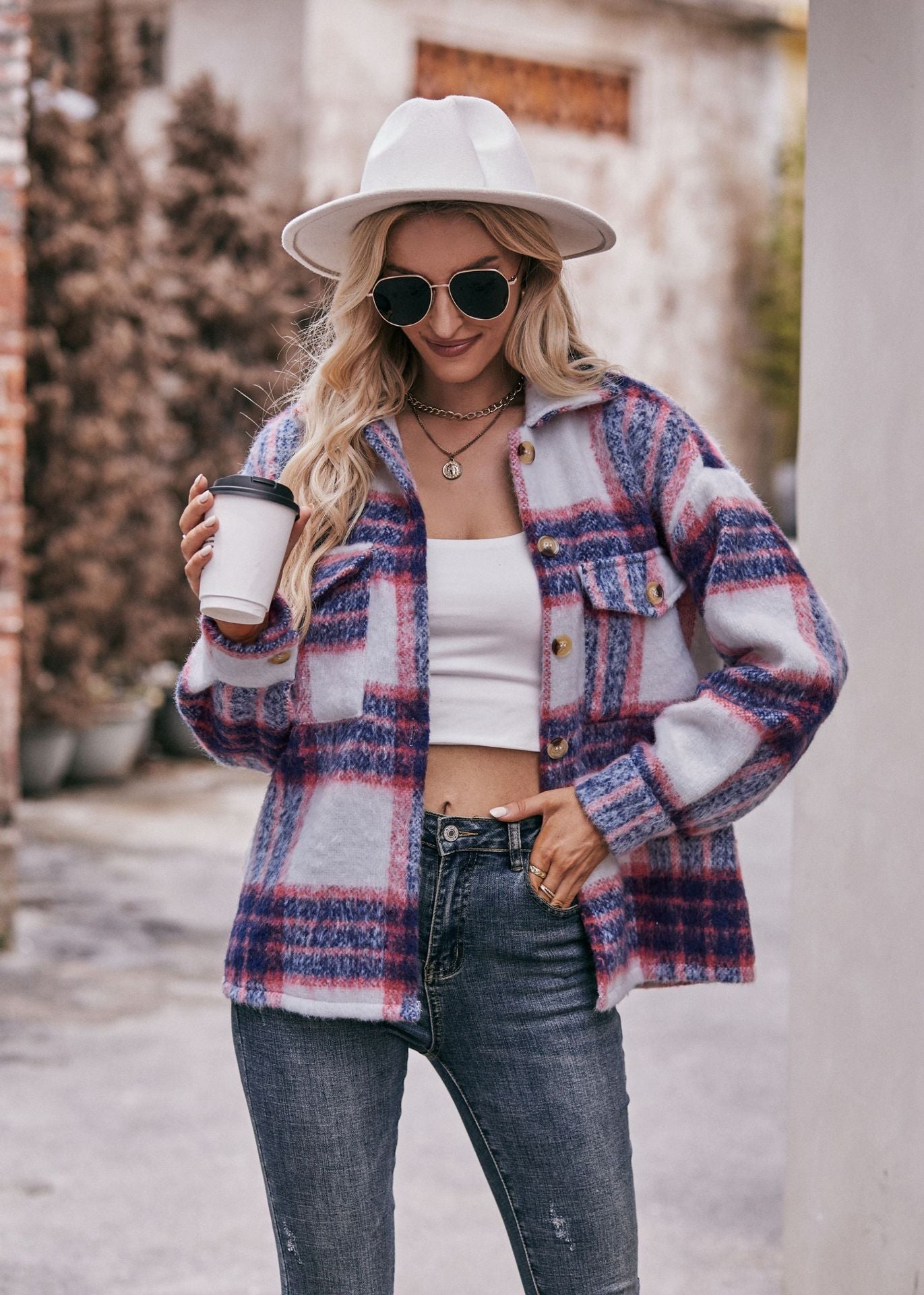 Women Plaid Short Jacket  with Pocket