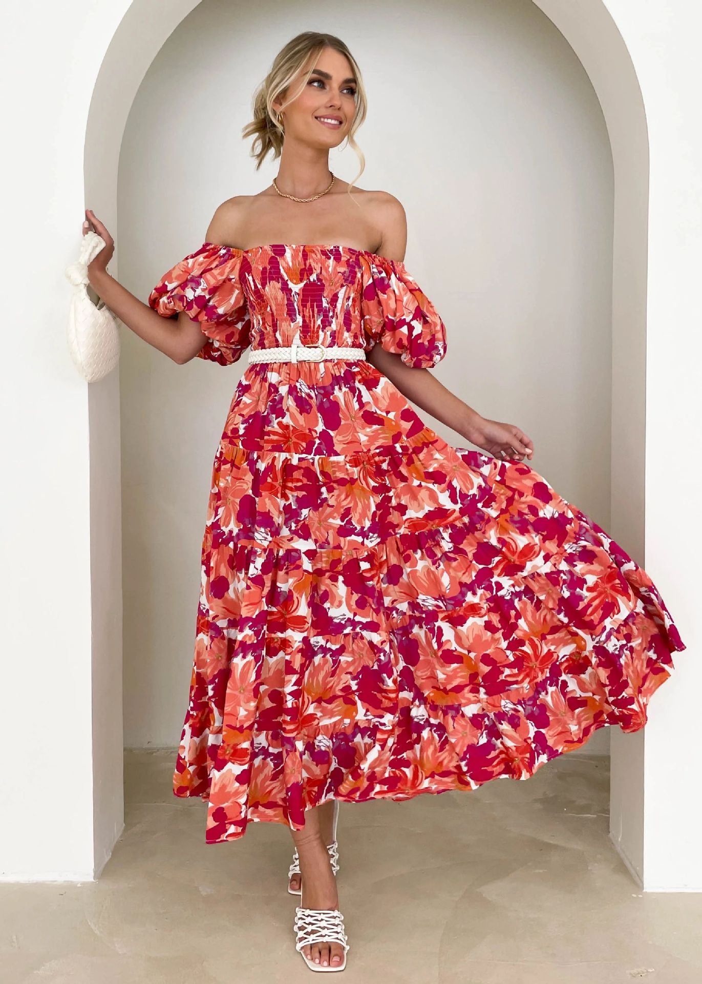 Women Bubble Sleeve Holiday Skinny Long Dress High Waist Shoulder Print Dress