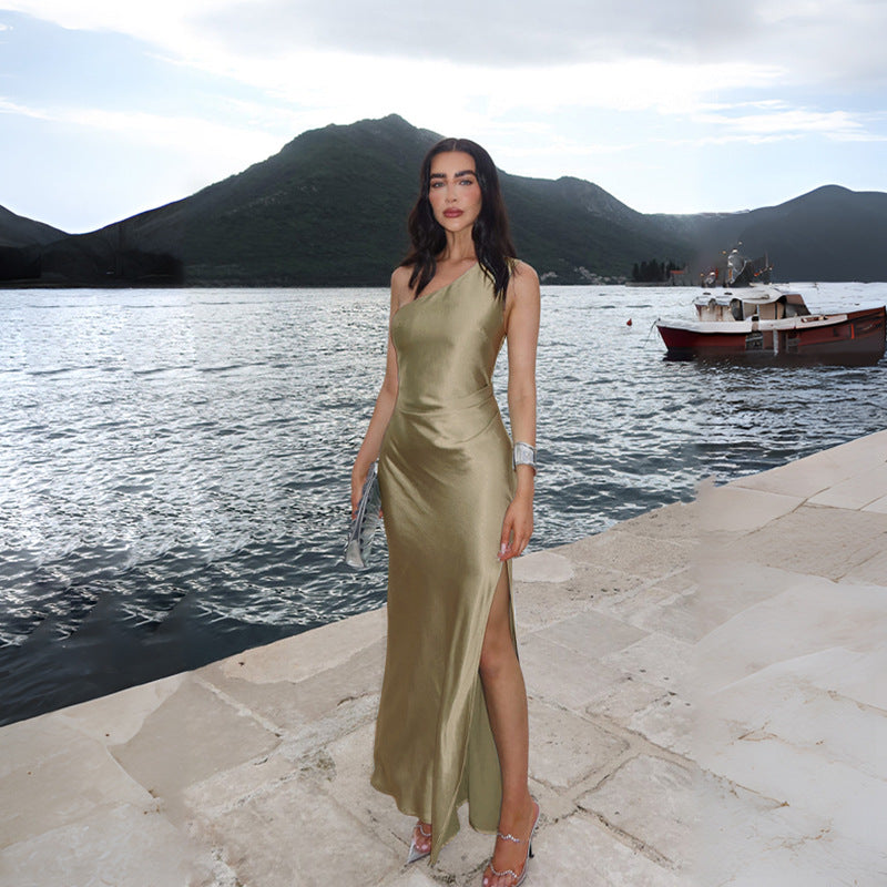Slim One Shoulder Split Sexy Satin Dress Women