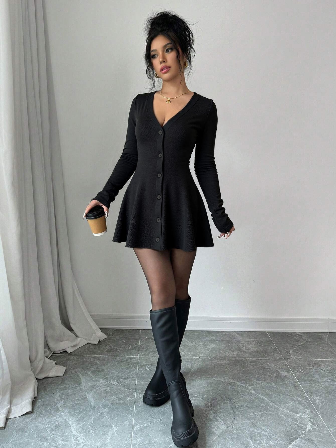 Womens Knitted Long Sleeve Solid Color Mini Dress