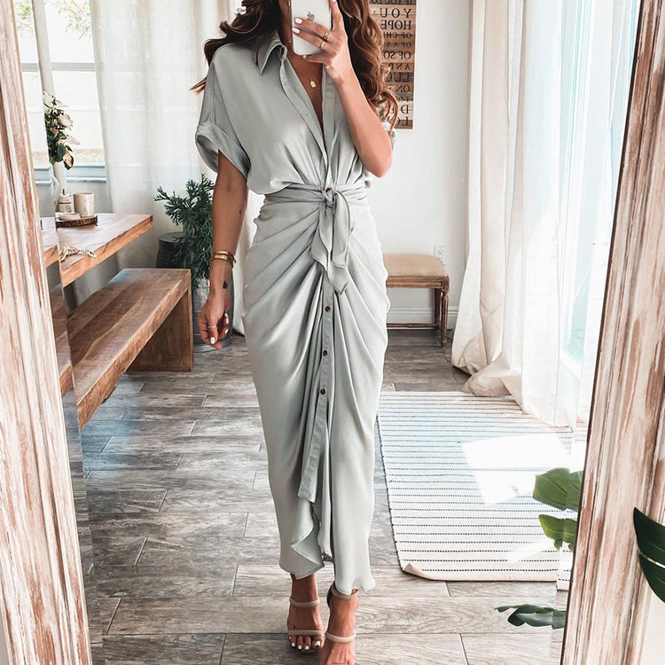 Elegant Short Sleeve Printed High Waist Dress Long Dress