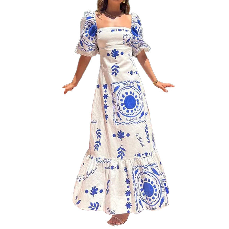 Women's Fashion Lantern Sleeve Print A-shaped Dress