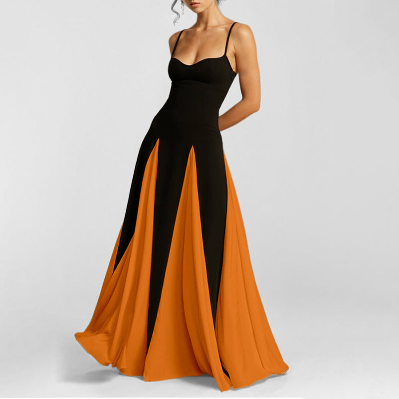 Women's Casual Contrasting Color Splicing Shoulder Strap Dress