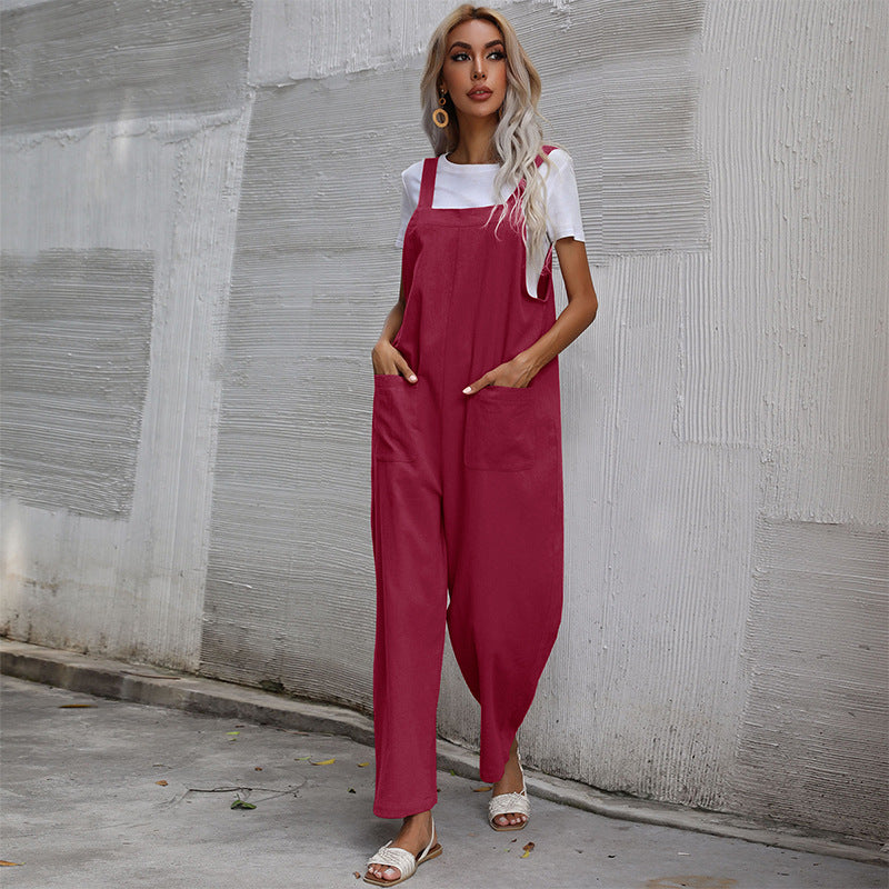 Casual Cotton and Linen Pocket Solid Color Sleeveless Jumpsuit