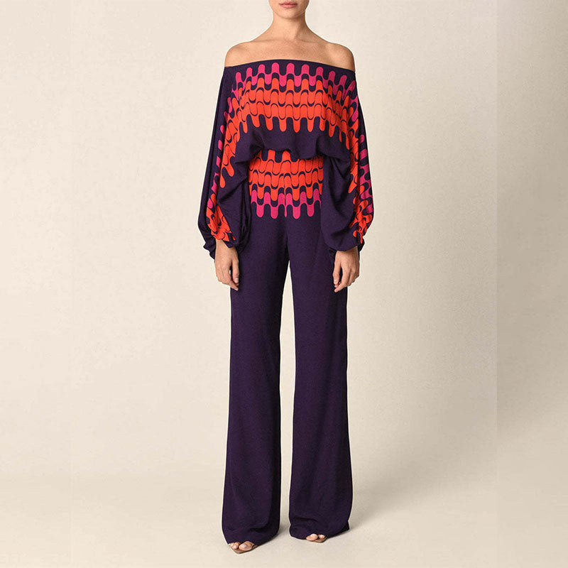 Elegant and Loose Bat Sleeve Print Fashion Set