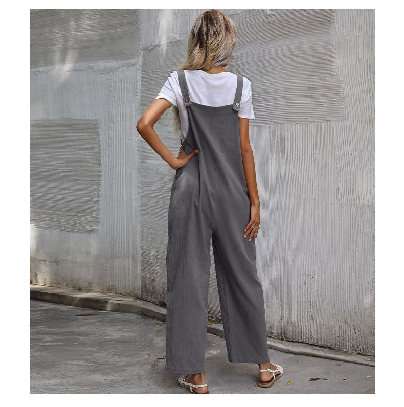 Casual Cotton and Linen Pocket Solid Color Sleeveless Jumpsuit