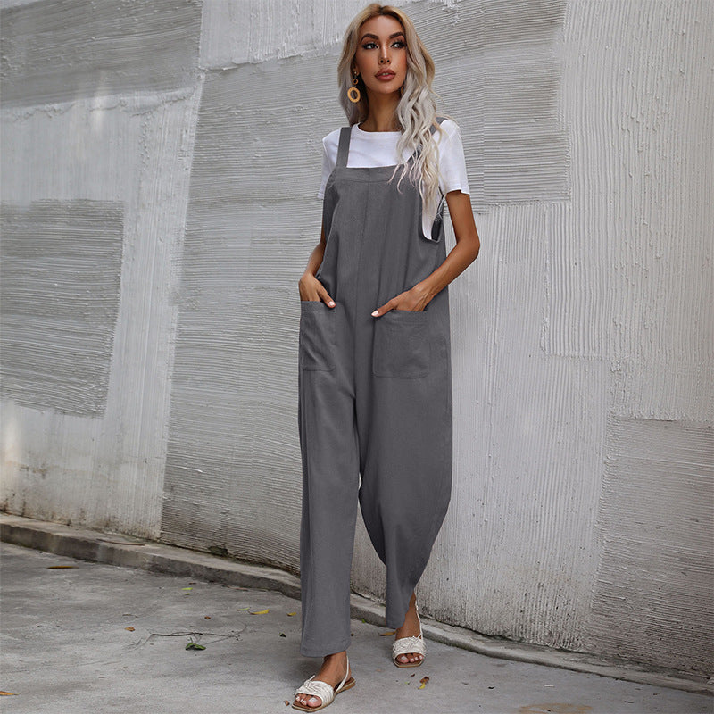 Casual Cotton and Linen Pocket Solid Color Sleeveless Jumpsuit