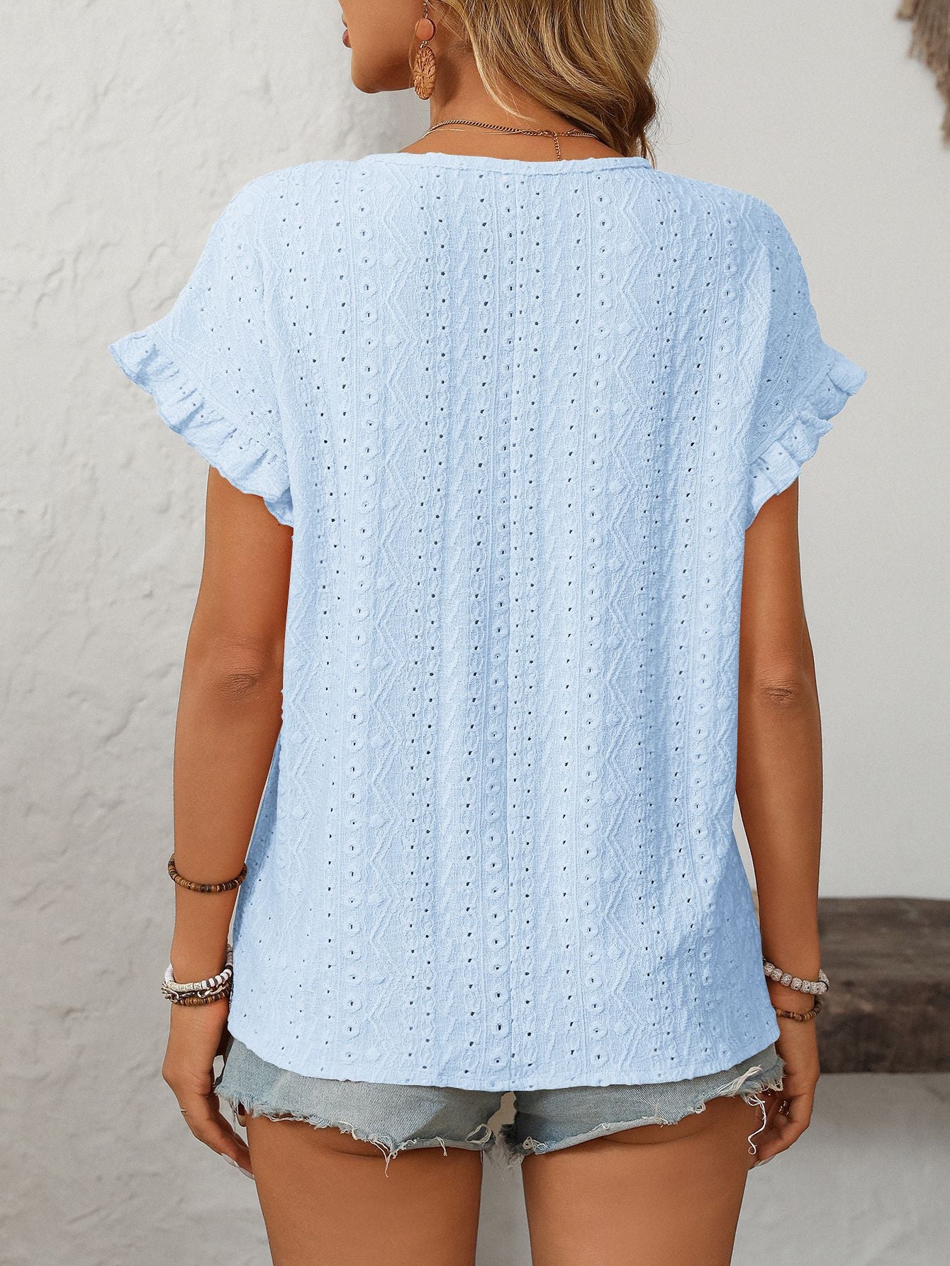 Solid Color Crew Neck Sweet Short-sleeved T-shirt Hollow Top