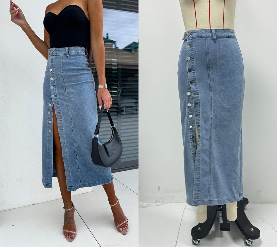 Women's Button Irregularly Split Denim Skirt