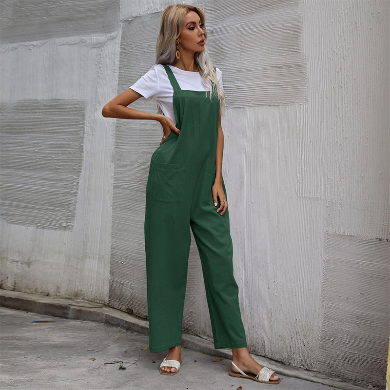 Casual Cotton and Linen Pocket Solid Color Sleeveless Jumpsuit