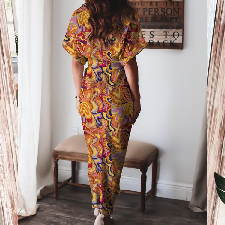 Elegant Short Sleeve Printed High Waist Dress Long Dress