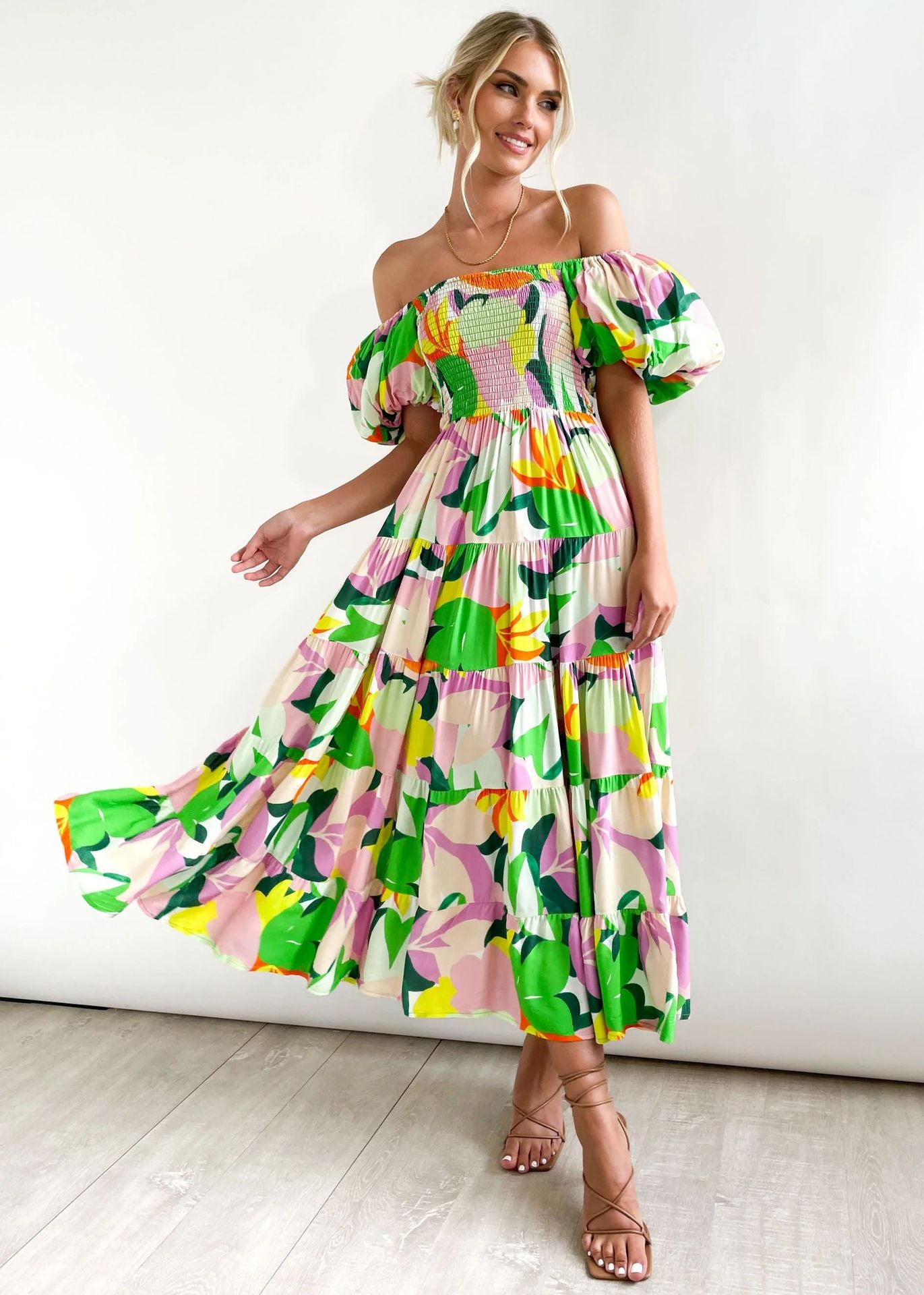 Women Bubble Sleeve Holiday Skinny Long Dress High Waist Shoulder Print Dress
