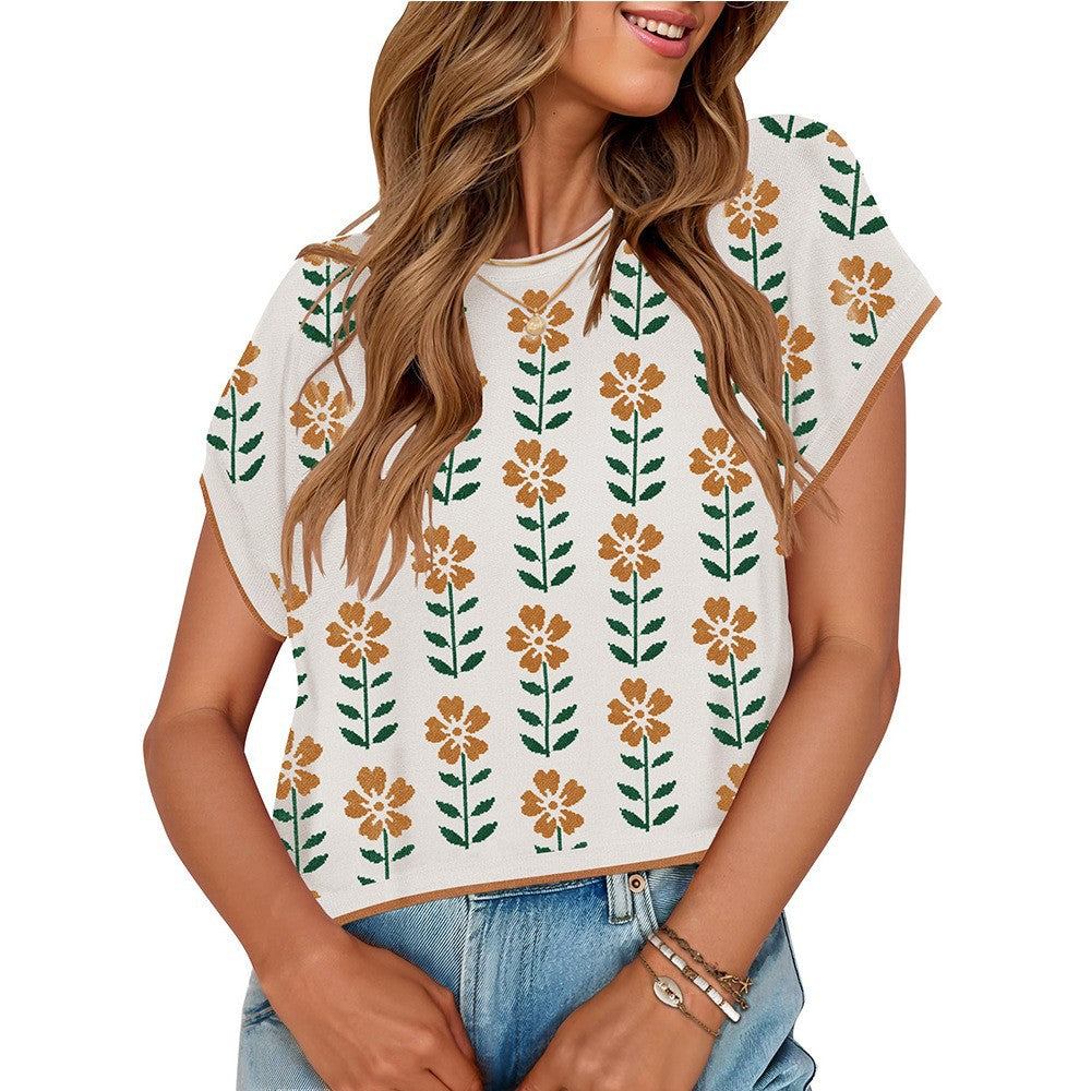 Short Sleeve Crew Neck Knitted Flower Sweater