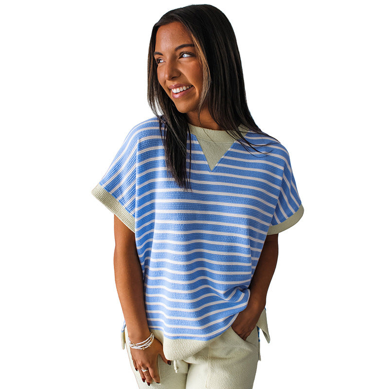 Womens Crew Neck Short Sleeve Pullover Striped T-Shirt