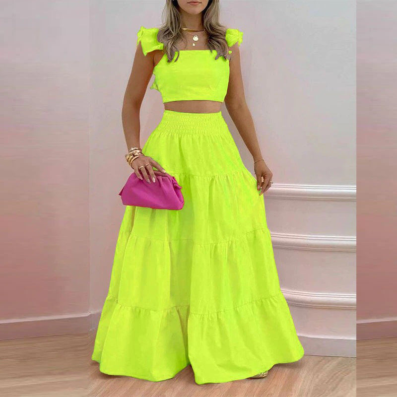 Sexy Daily Casual Solid Color Splicing Suspender Skirt Set