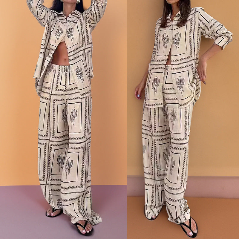 Women's Casual Printed Shirt Trousers Fashion Set