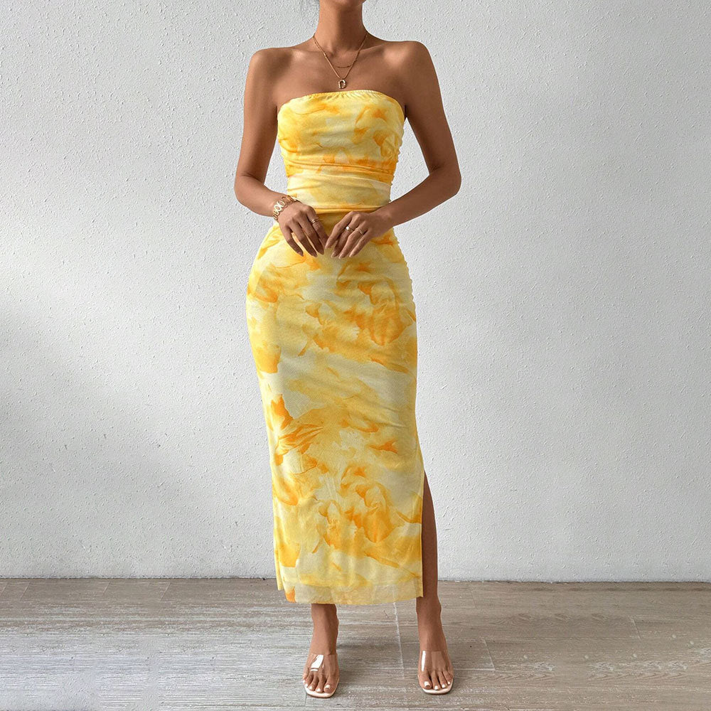 Printed High-waisted Slim Slit Tube Bodycon Dress