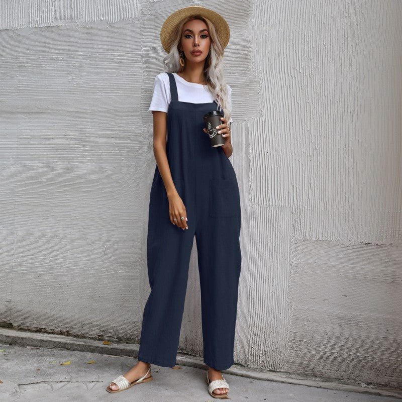 Casual Cotton and Linen Pocket Solid Color Sleeveless Jumpsuit