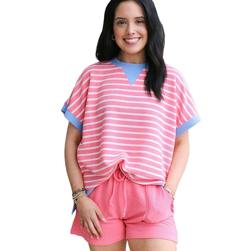 Womens Crew Neck Short Sleeve Pullover Striped T-Shirt