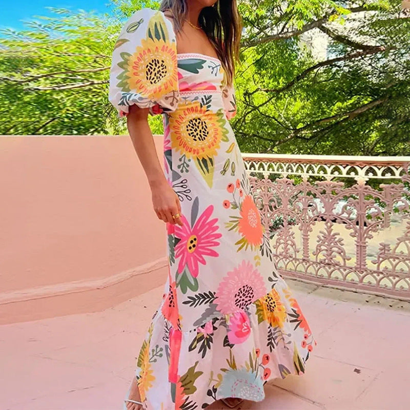 Women's Fashion Lantern Sleeve Print A-shaped Dress
