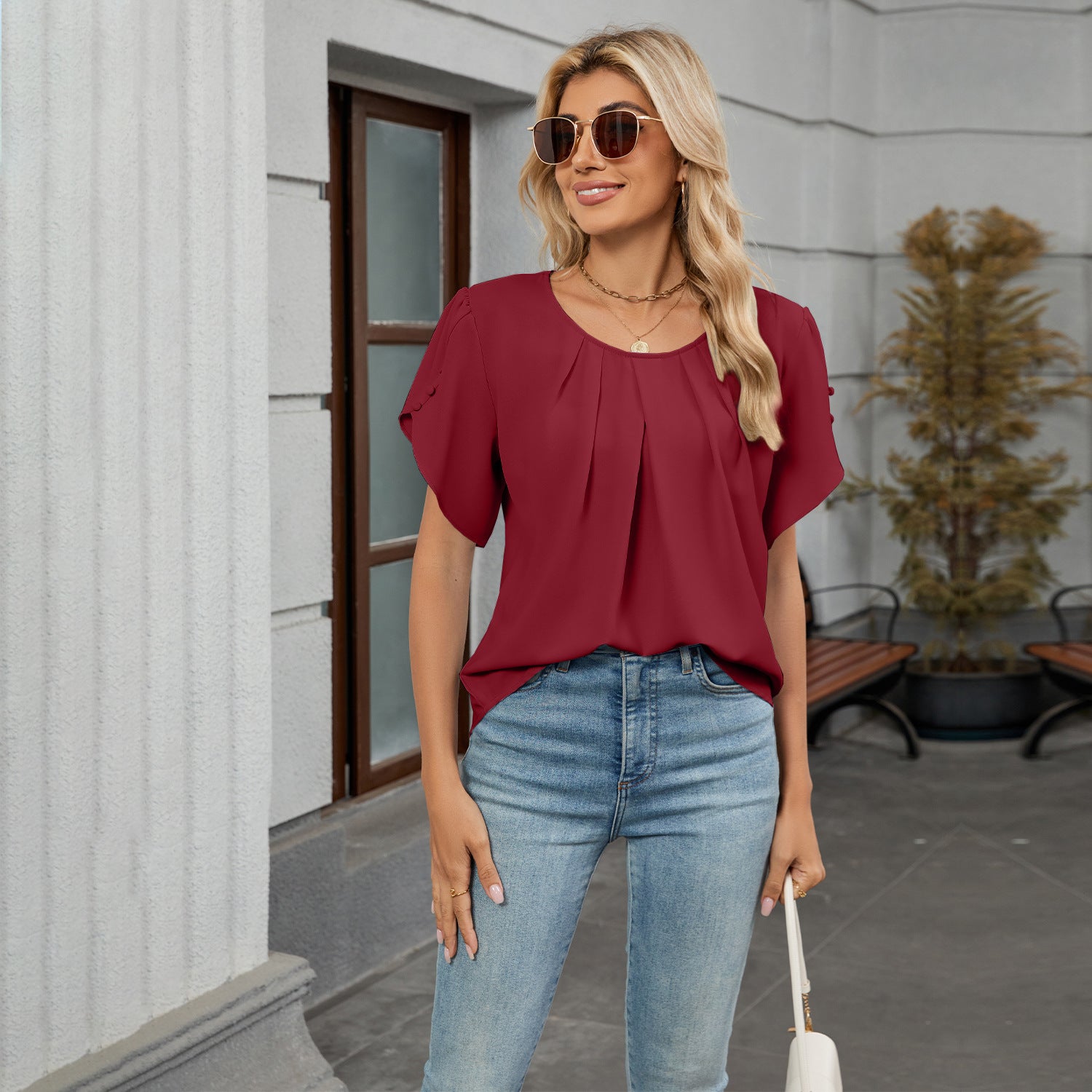 Women Crew Neck Short Sleeve Pleated Loose Chiffon Top