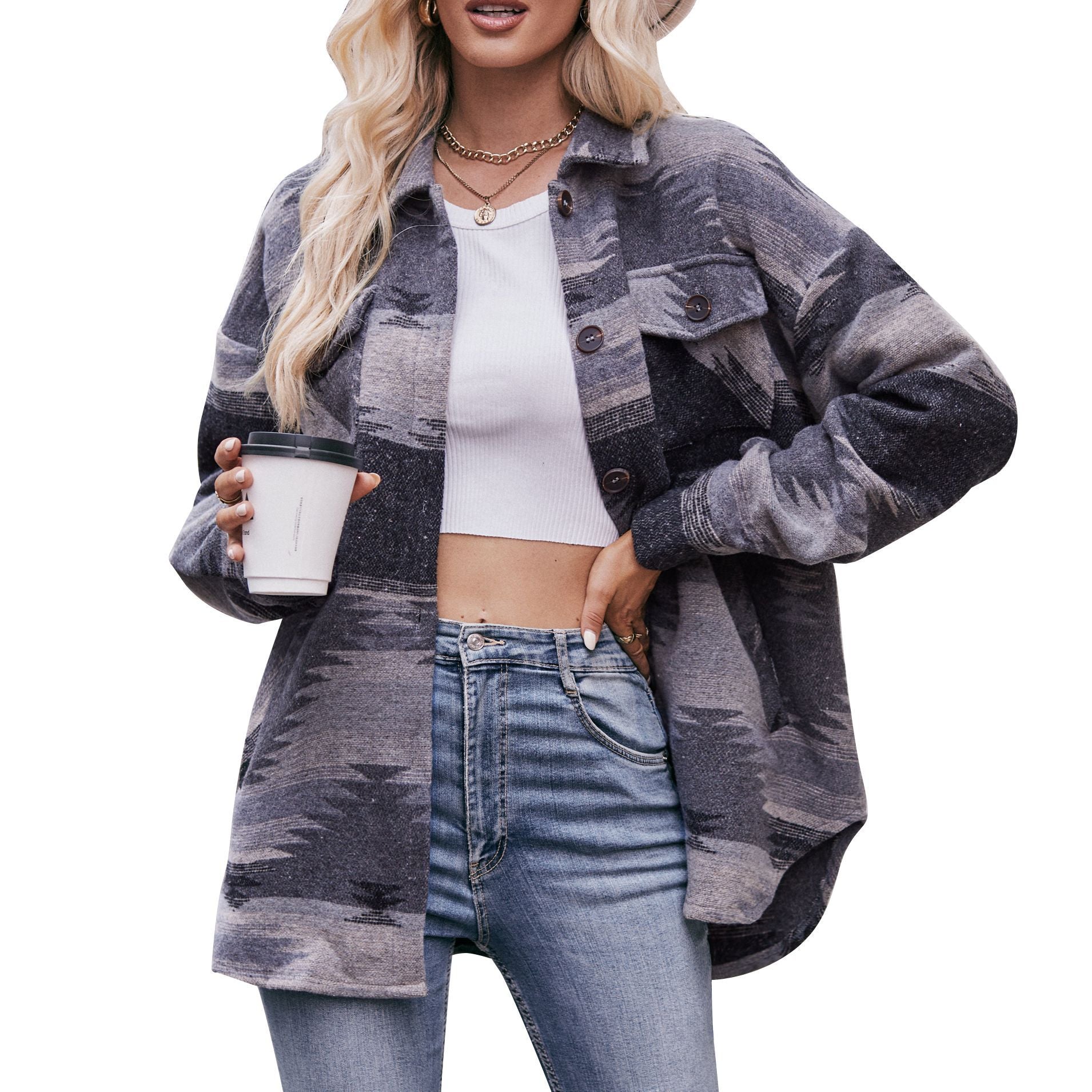 Women's AZTEC Geometric Jacket Shirt Lapel Woolen Jacket
