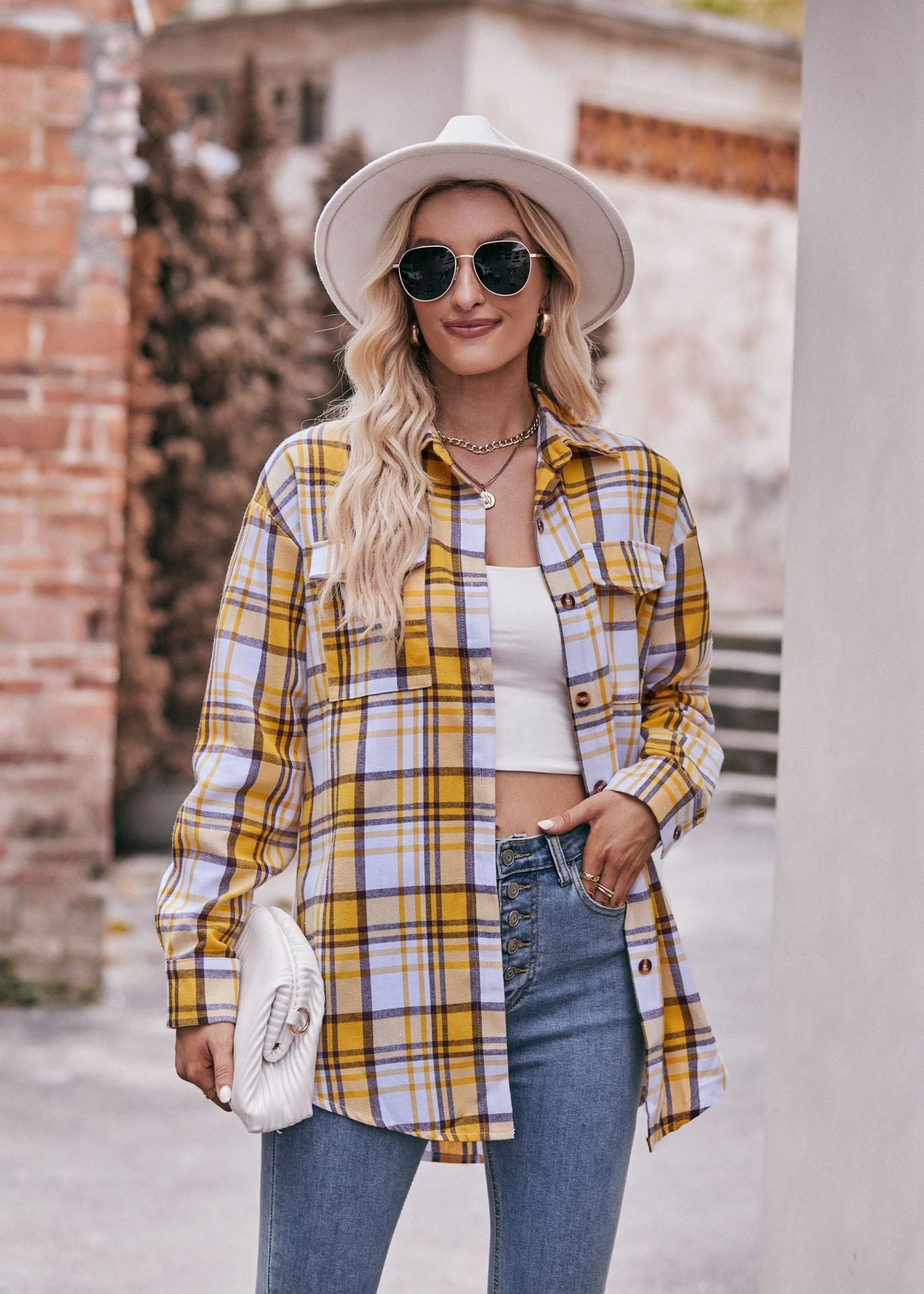 Women Oversize Loose Plaid Jacket with Pocket