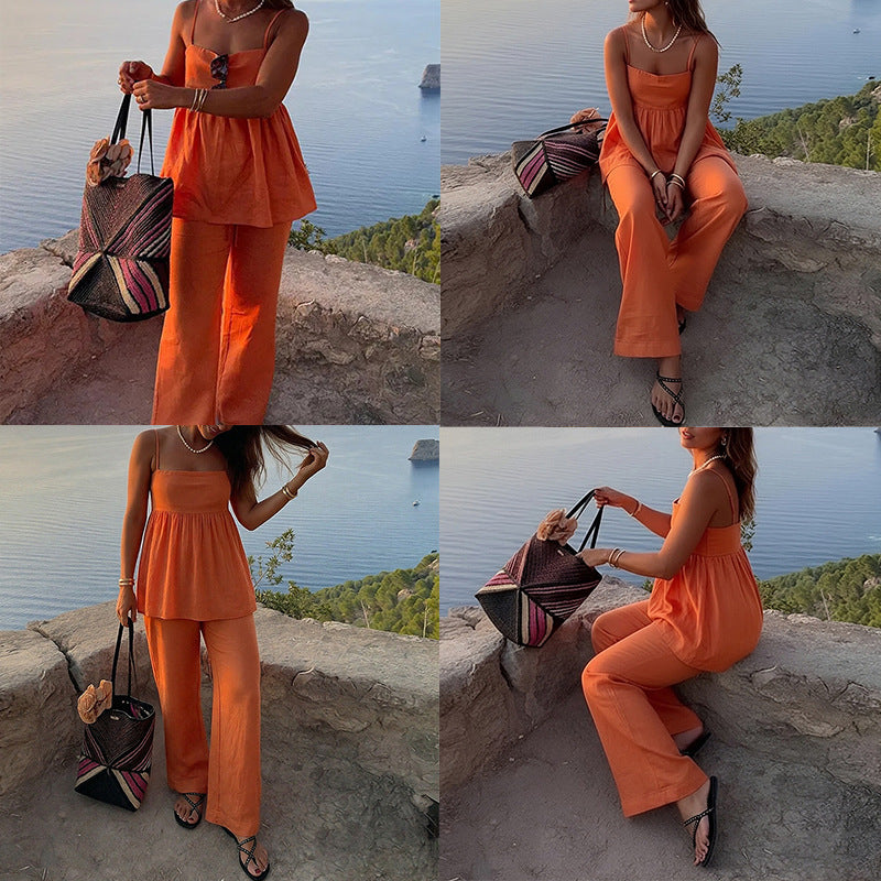 Casual Solid Color Suspender Straight Pants Suit