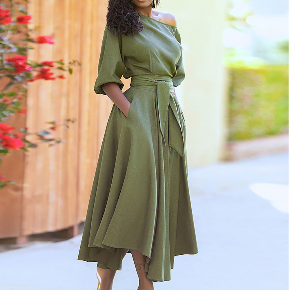 Solid Color Slanted Shoulder Strap Waist Dress