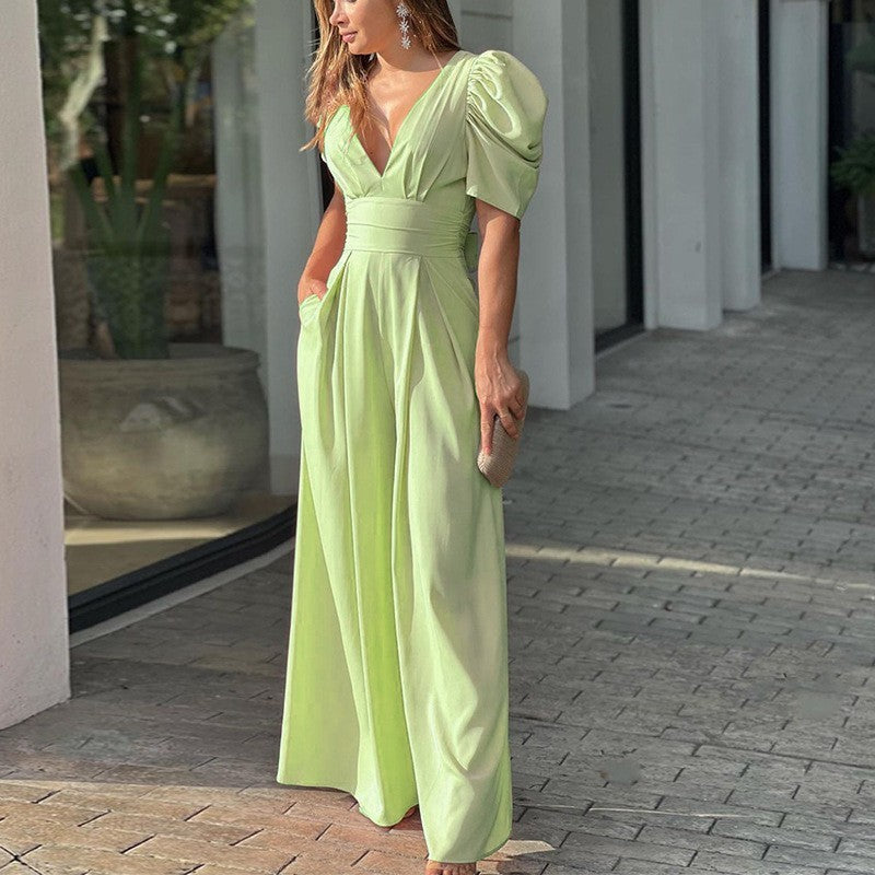 Women's Solid Color Slim-Fit Short Sleeve Wide Leg Jumpsuit