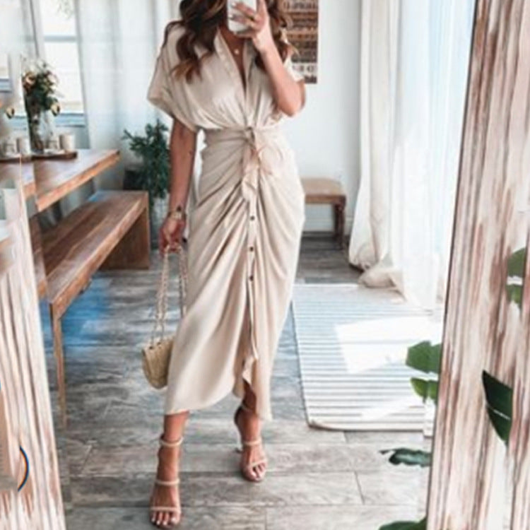 Elegant Short Sleeve Printed High Waist Dress Long Dress