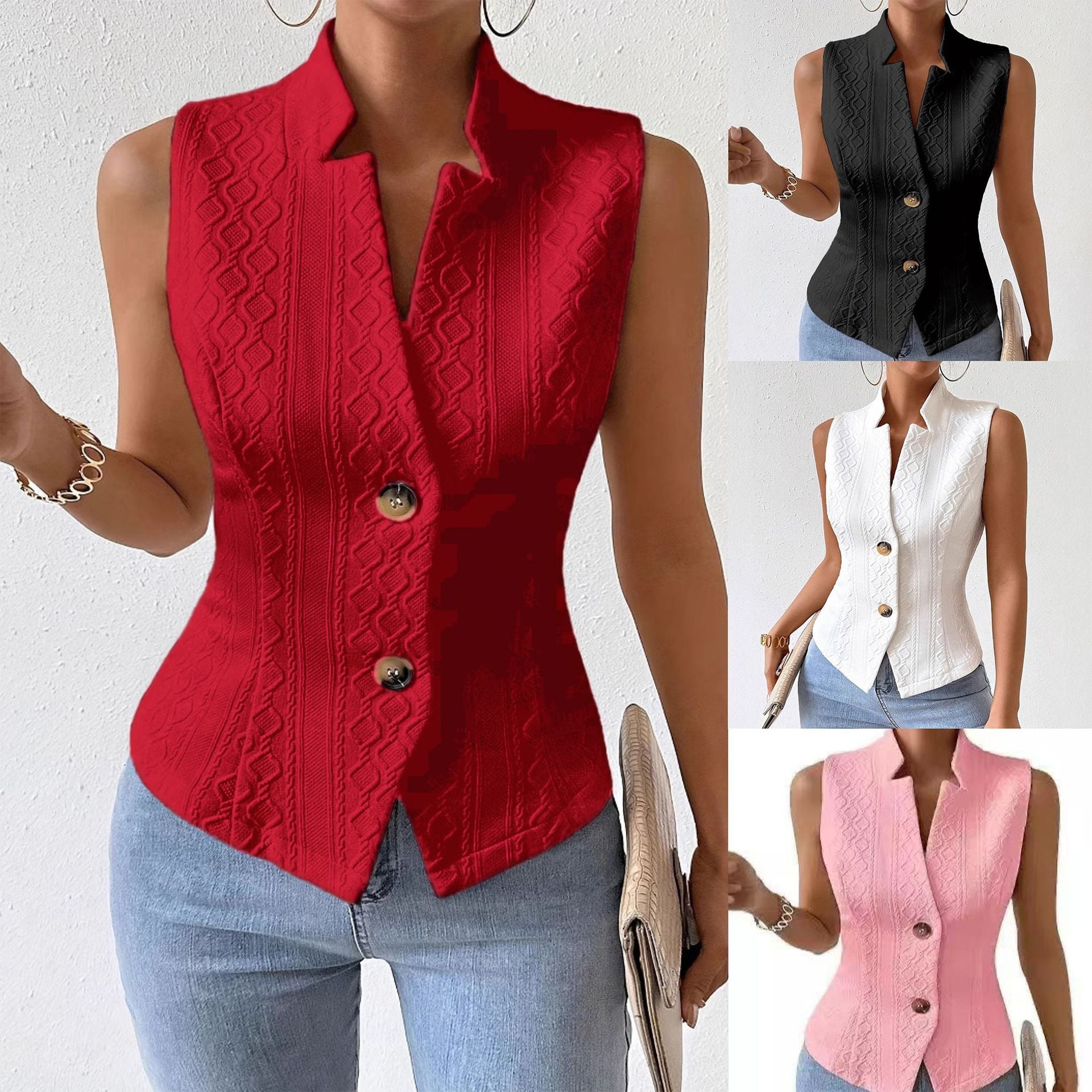 V-Neck Button Sleeveless Vest Vest Jacket Top Women