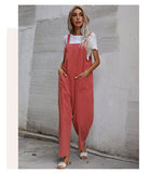 Casual Cotton and Linen Pocket Solid Color Sleeveless Jumpsuit