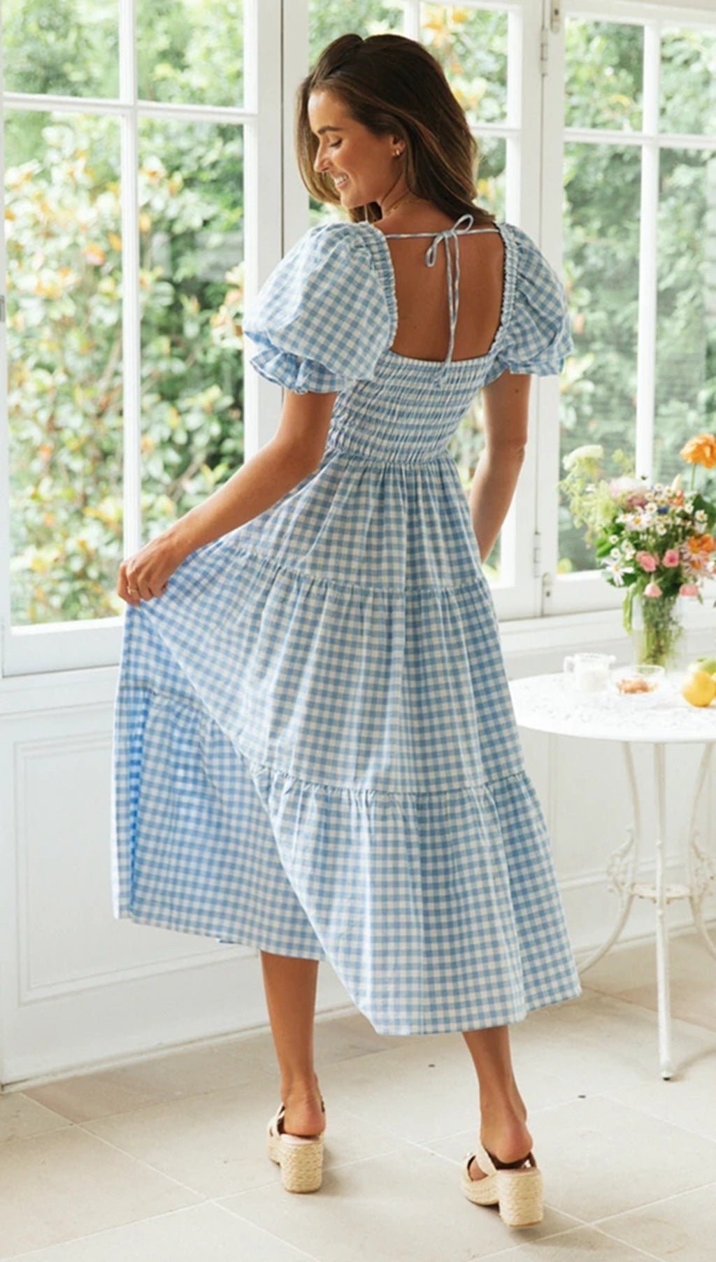 Ladies Plaid Bubble Sleeve Dress