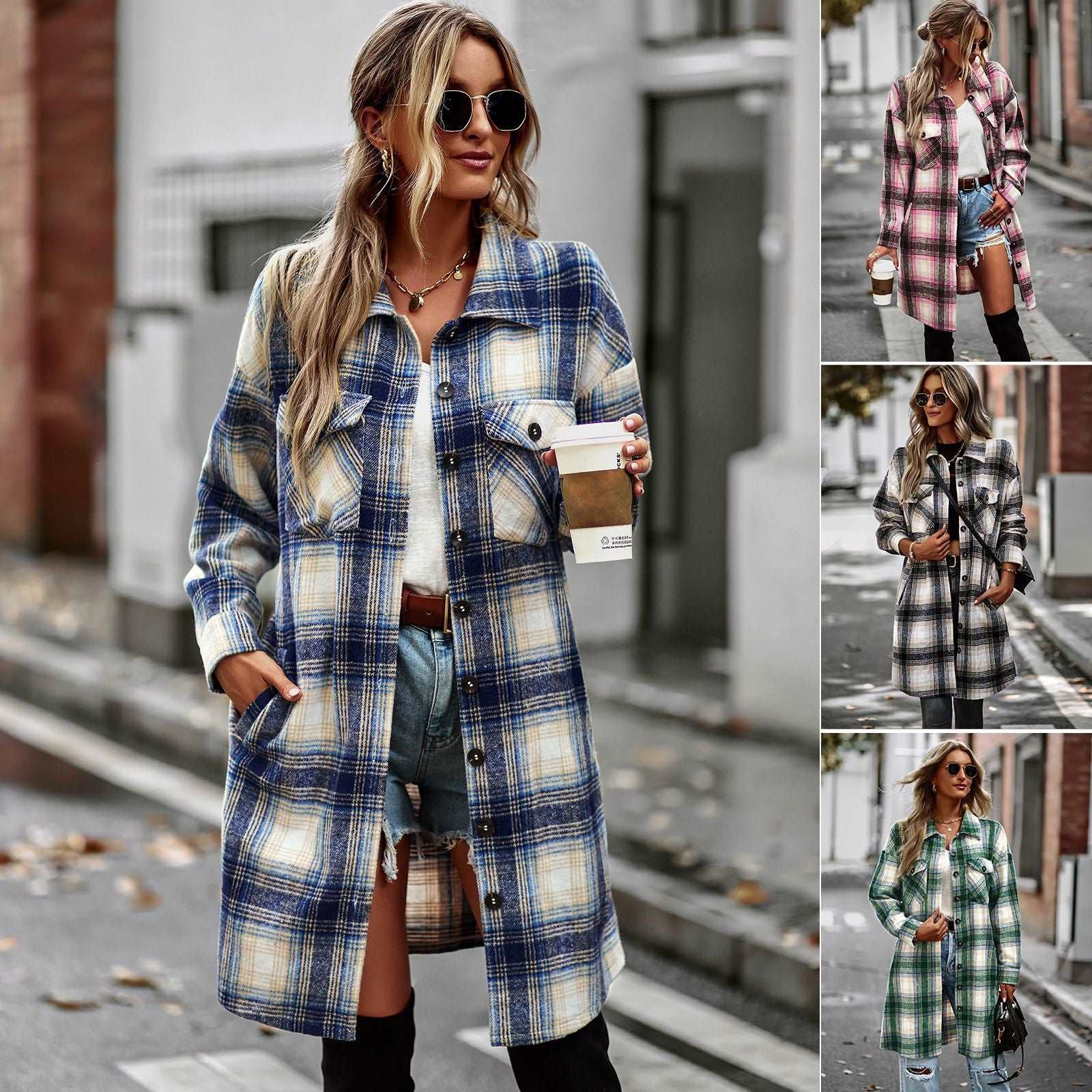 Women's Long Sleeve Button Down Jackets Plaid Flannel Shirts Tops Casual Lapel V Neck Oversized Shackets Blouses Top