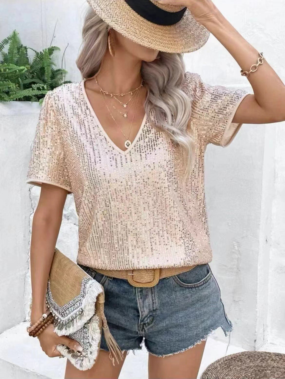 Sexy Solid Color Sequin V-neck Loose Short Sleeve Women's T-shirt