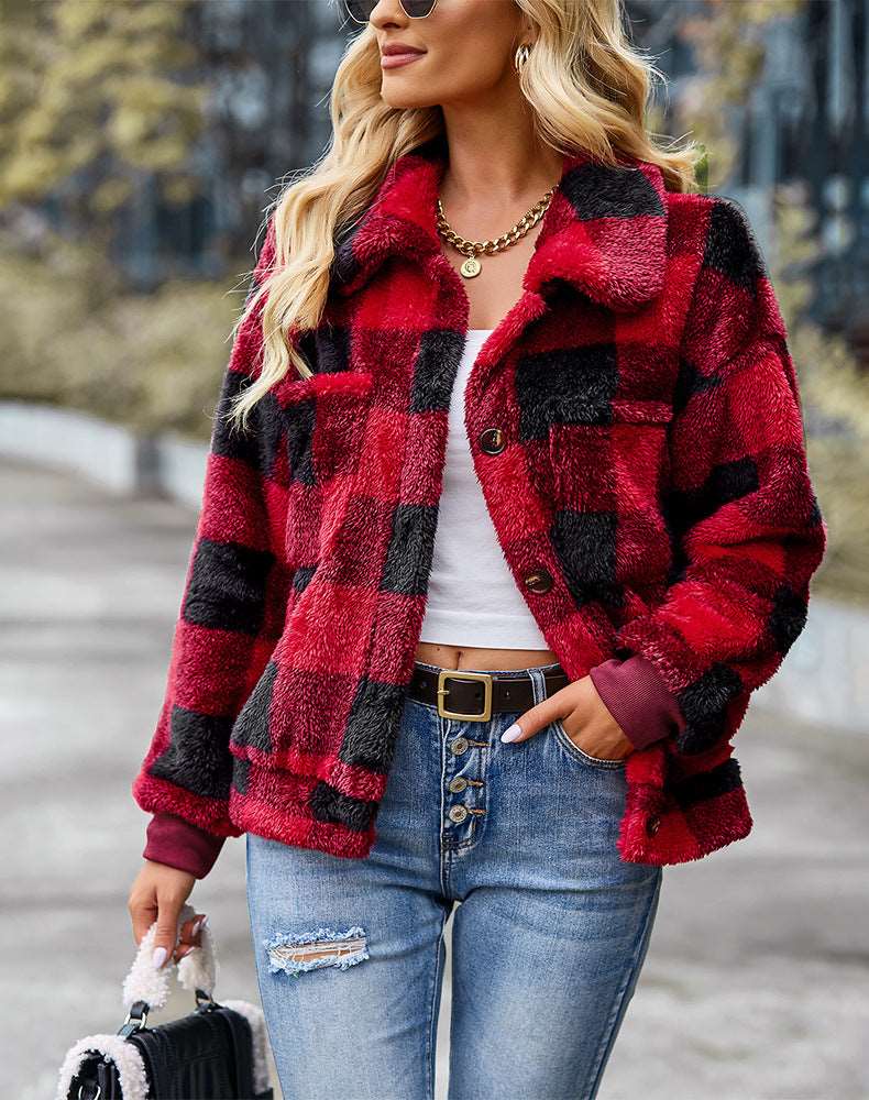 Womens Casual Plaid Shackets Brushed Flannel Button Down Pocketed Shirt Jacket Coats