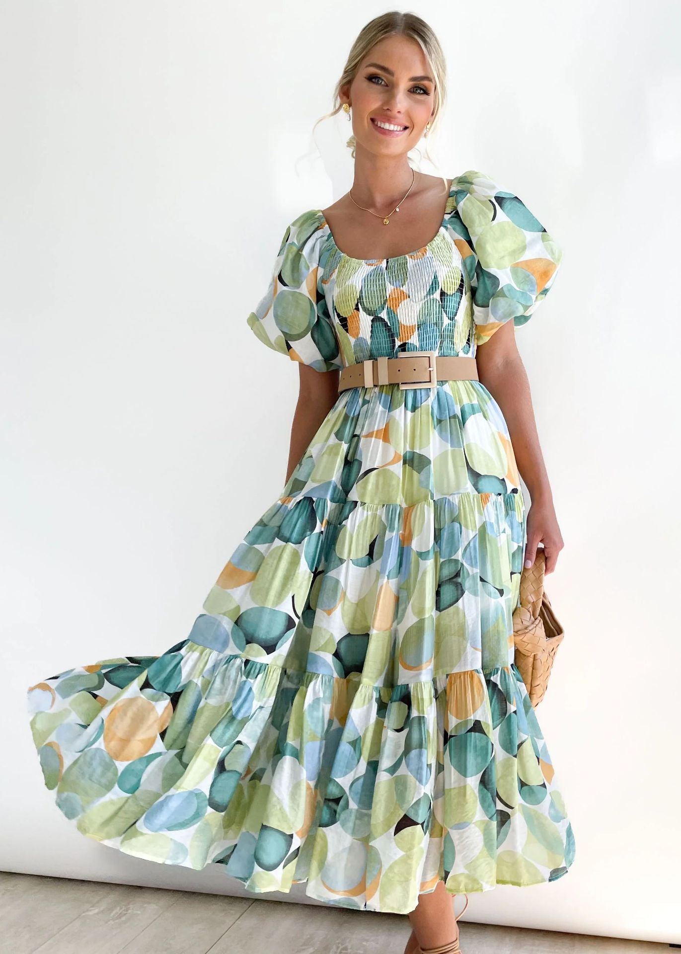 Offshoulder Printed Bubble Sleeve Dress for Women