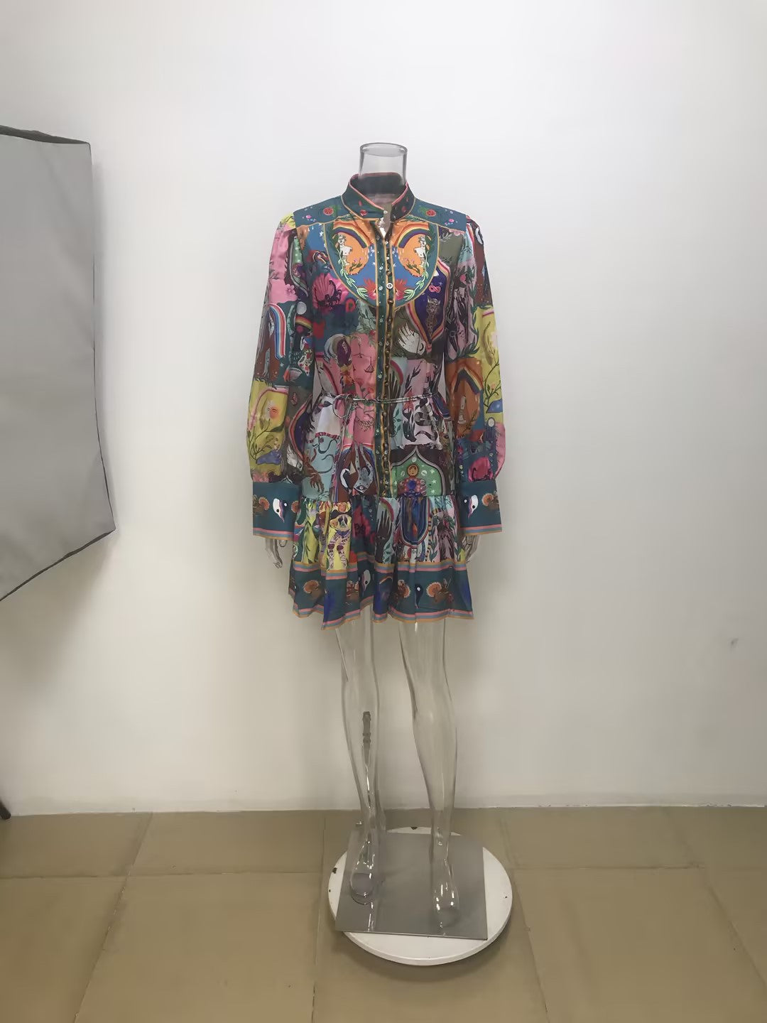 Vintage Elegant Collar Print Strap-on Dress Short
