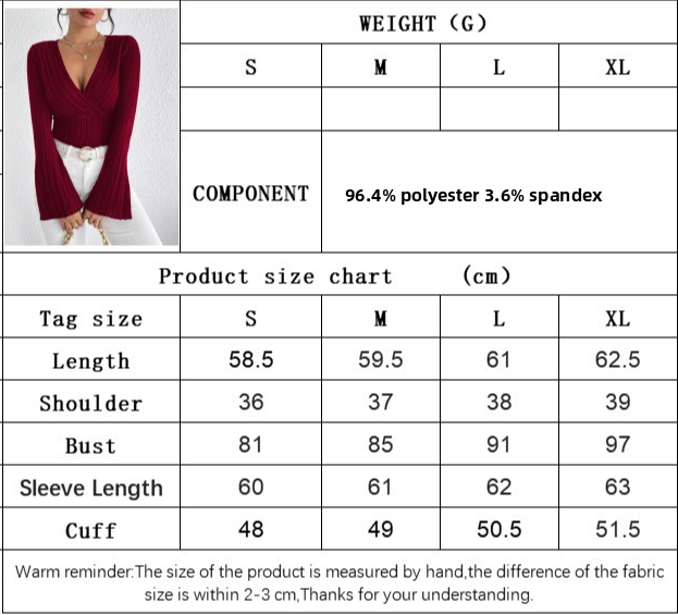 Women's V-Neck Flared Sleeve Slim-Fit Shirt Knitted Top