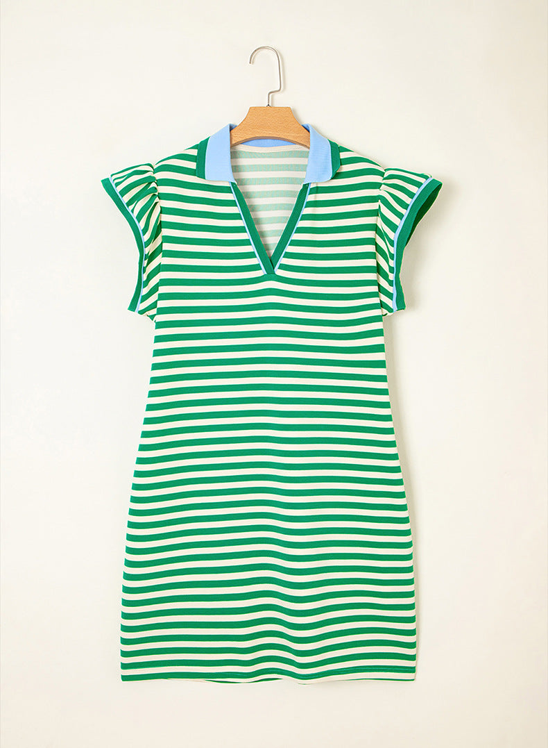 Women Pullover V-Neck Striped Short Dress
