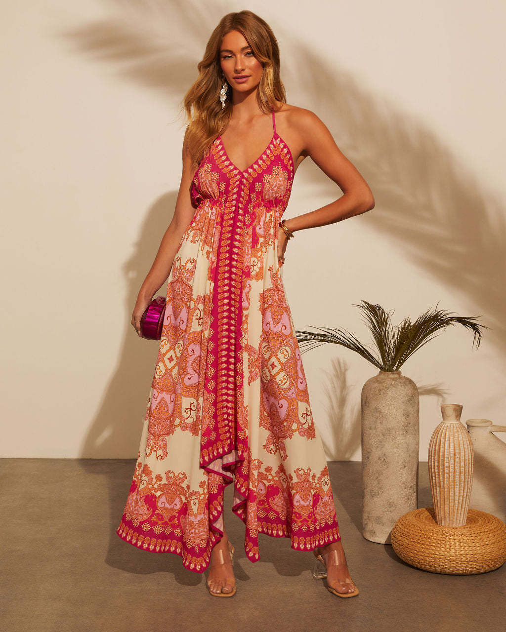 Womens Summer Off-the-shoulder V-neck Print Long Dress Dress