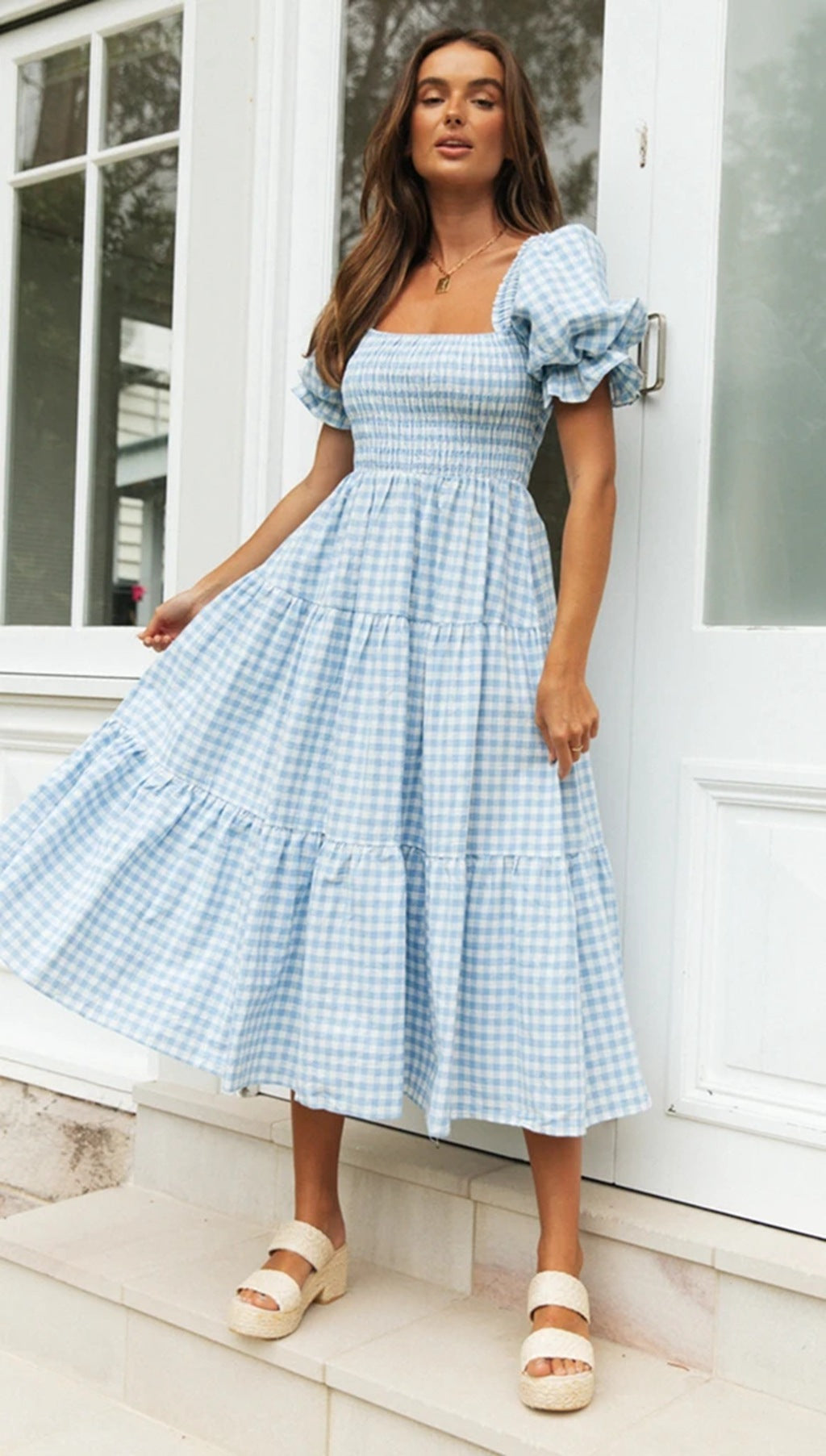 Ladies Plaid Bubble Sleeve Dress